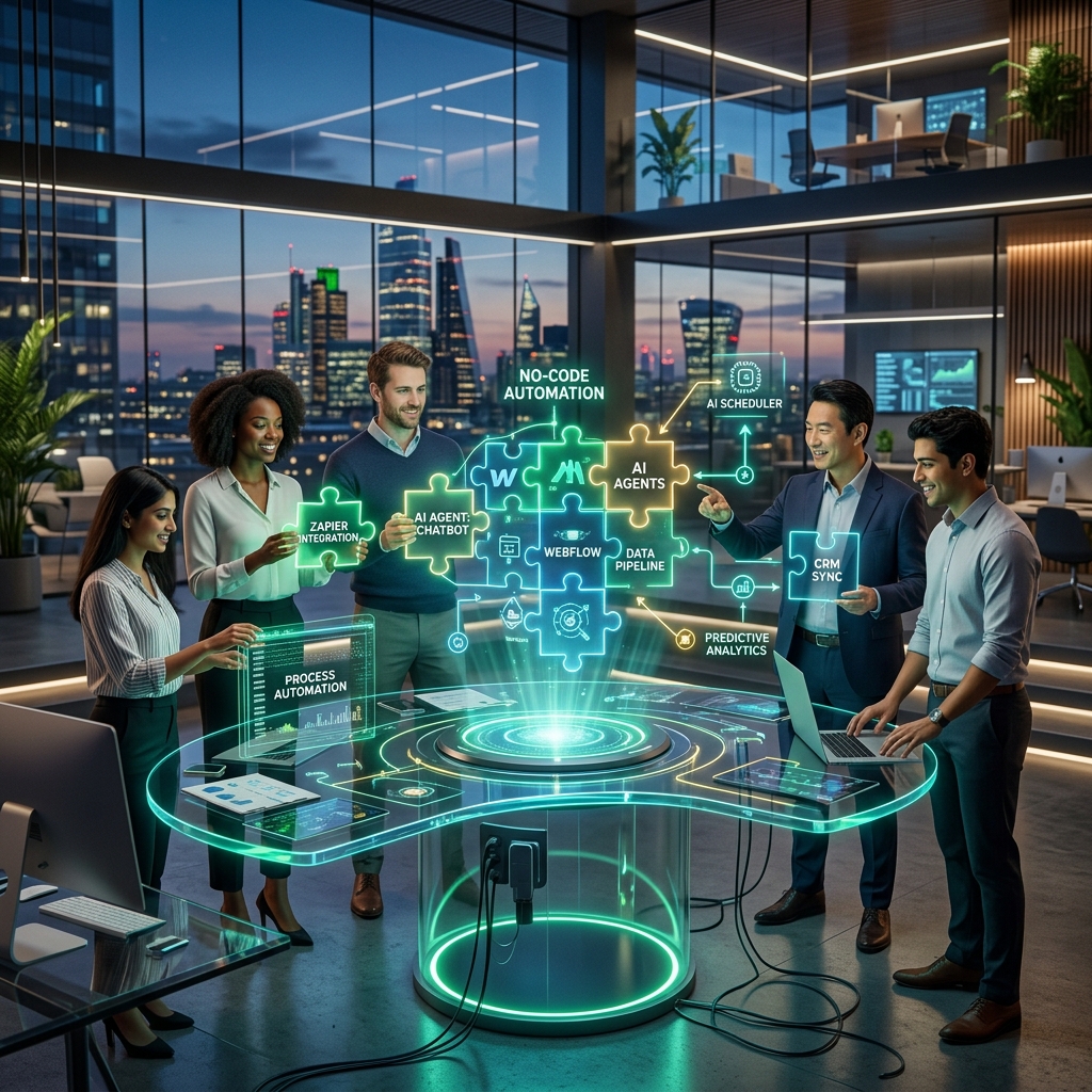 Empleados colaborando en entorno corporativo usando herramientas No-Code y agentes de IA