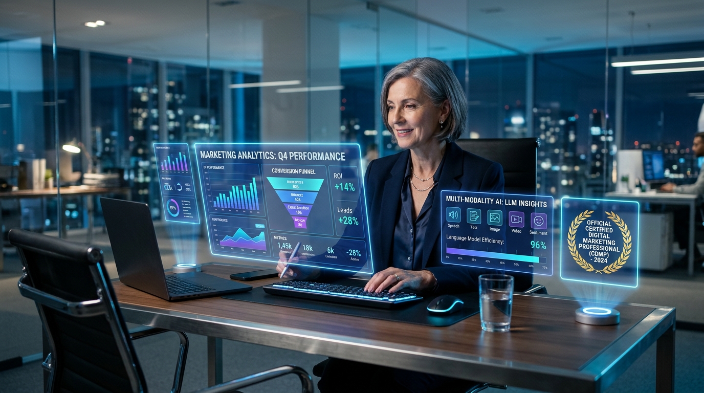 Profesional senior en marketing digital optimizando campañas y métricas con IA generativa y certificación oficial