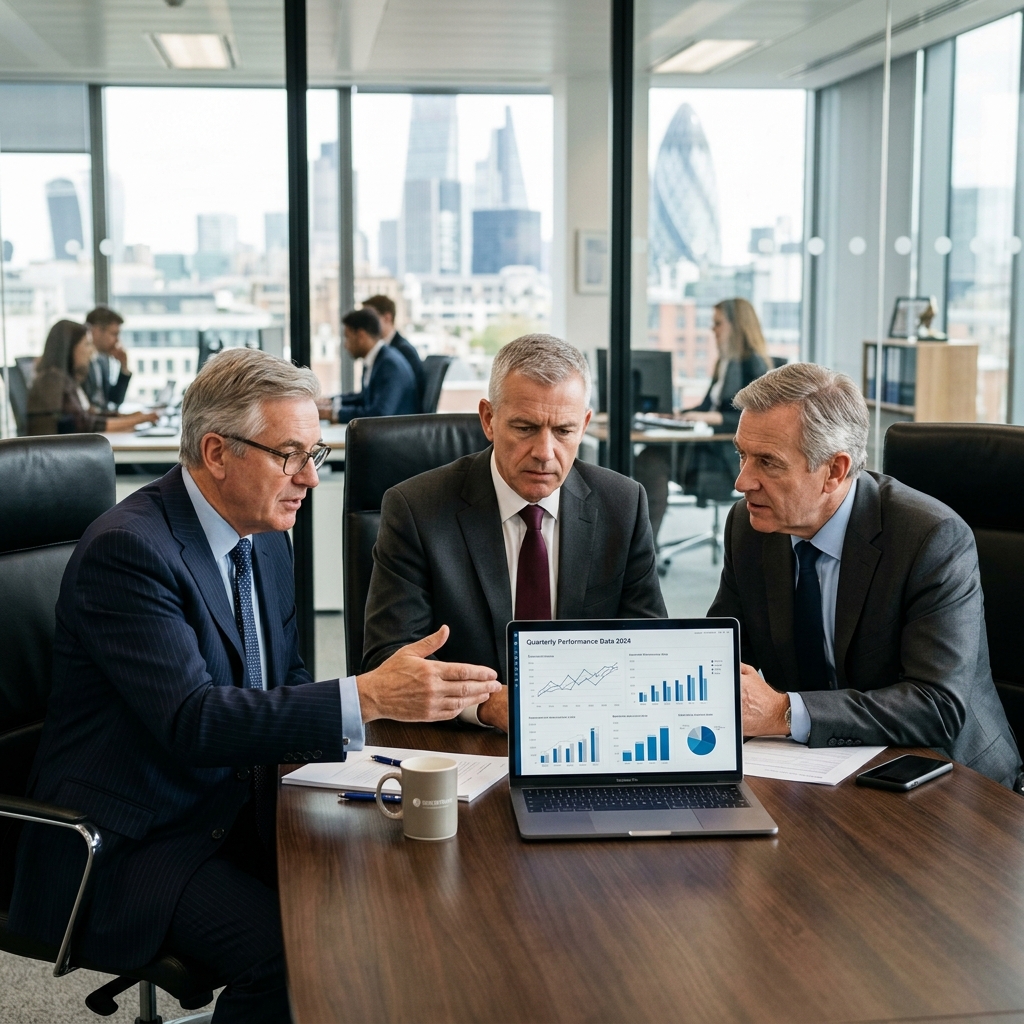 Directivos reunidos analizando datos y ventaja competitiva
