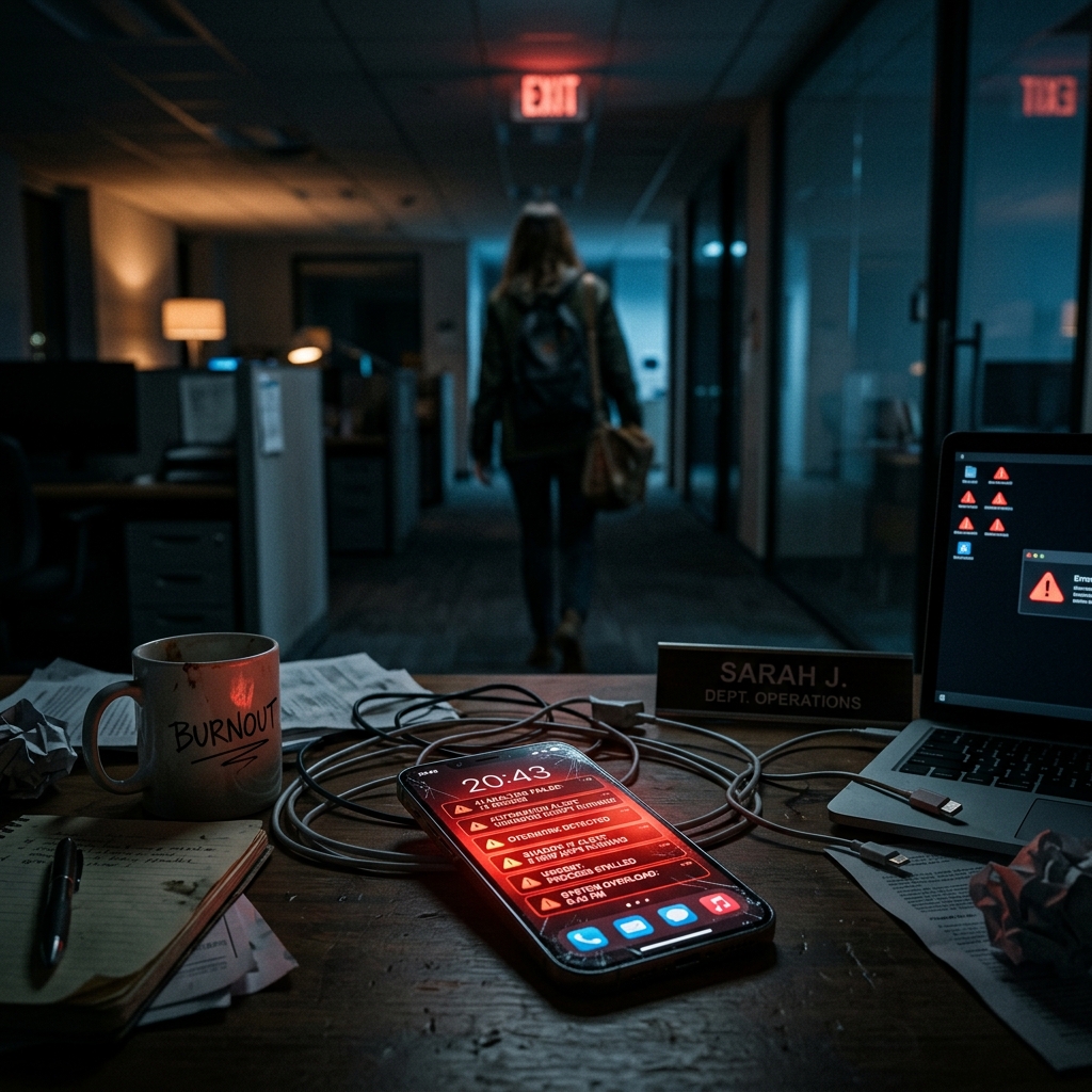Trabajador exhausto en una oficina oscura mientras su smartphone emite notificaciones rojas de inteligencia artificial